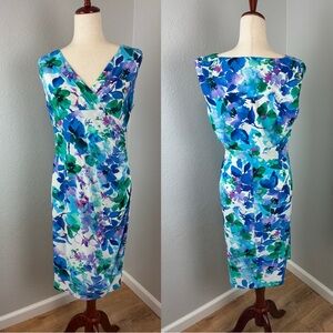 Ralph Lauren Blue and Green Floral Stretch Sleeveless Midi Dress Size 14